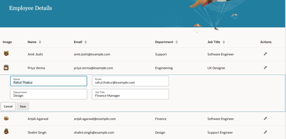Form layout in an editable table component in Oracle Visual Builder (VBCS)